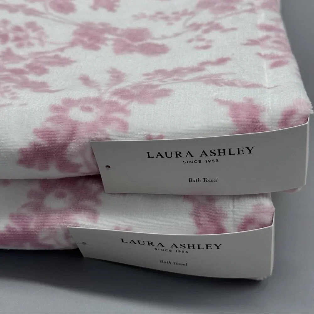 4pc Laura Ashley Pink Toile Floral Velour Bath Hand Towel Set Flowers NEW